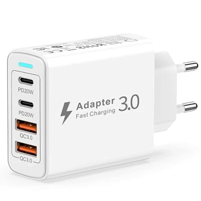 Image de Chargeur USB C Rapide, Multiple 40W 4 Port avec PD&amp;QC3.0, Prise Adaptateur Secteur Type Rapide pour Apple iPhone 15/14/13/12/11/XS/X/8/7,Samsung Galaxy S23,S22,Xiaomi