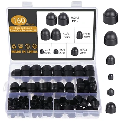Image de Gueenky 160 Pièces Cache Ecrou, M4 M5 M6 M8 M10 M12 Boulon Noir Bouchon Ecrou Tete de Vis Capuchon Hexagonal Protection pour Écrous Boulons