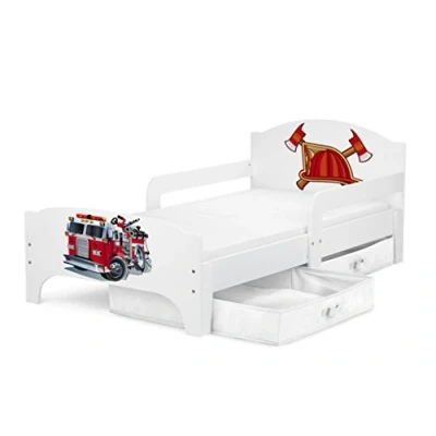 Image de Leomark Moderne Smart Lit d&#039;enfant Toddler 140x70 Motif: Pompiers Fonctionnel Simple avec Un Tiroir pour Enfant Rangement et Matelas (140x70 cm) Grand en Textile 2 Pièces
