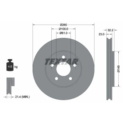 Image de TEXTAR PRO 92271603 Disque de frein 260 23 05/05 100 ventilé l&#039;intérieur revêtu sans boulon fix roue, moyeu roue