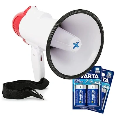 Image de VONYX MEG020 Kit Mégaphone Compact 20W avec 4 Piles Type D 1,5V, Plug and Play, Portée jusqu&#039;à 700 Mètres, Dragonne, Idéal pour Les Déplacements en Manifestations ou Matchs