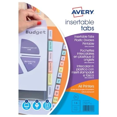 Image de AVERY pochettes intercalaires à onglets personnalisables et imprimables, 6 touches, Format A4+ (permet de classer des perforées), En polypropylène coloré translucide