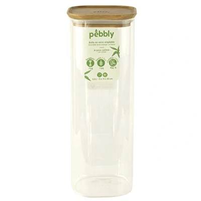 Image de Pebbly Boite Haute en Verre avec Couvercle Bambou Carrée 2200 ml Empilable, Pour Conserver aliments secs, céréales, amandes…
