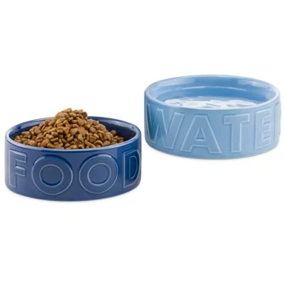 Image de Navaris Gamelle Double Chien ou Chat Lot 2X Bol Céramique Ø16 x 6 cm pour Chiens Chats Chatons Chiots Écuelle Croquette Eau Pâtée 700 ML