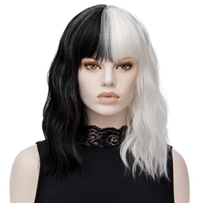 Image de ATAYOU® Perruque Synthétique Courte Cosplay Noir Blanc Résistant à La Chaleur d&#039;Halloween Avec Bang 14 Pouces Perruque(Style E)