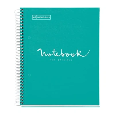 Image de Miquelrius Cahier A5 Carnet de Notes Emotions, 80 Feuilles 90 g/m², Grille 5 x mm, 1 Bande couleur, Spirale microperforée, Couverture extra dure, 2 Trous, Couleur Turquoise