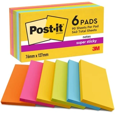 Image de Post it Super Sticky Notes, Couleurs Carnival, Pack de 6 Blocs, 90 Feuilles par Bloc, 76 mm x 127 mm, Jaune, Bleu, Vert, Rose, Orange pour Prise Notes et Listes Tâches