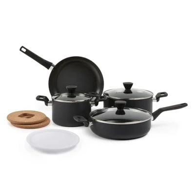 Image de Amazon Basics Lot de 10 ustensiles, casseroles et poêles, empilables, anodisés, non adhésifs, gain place, sans PFOA, Noir