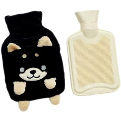 Image de lulalula Bouillotte de 1 litre avec housse en peluche super douce Shiba Inu caoutchouc naturel qualité supérieure, pour plus sécurité et confort (Noir)