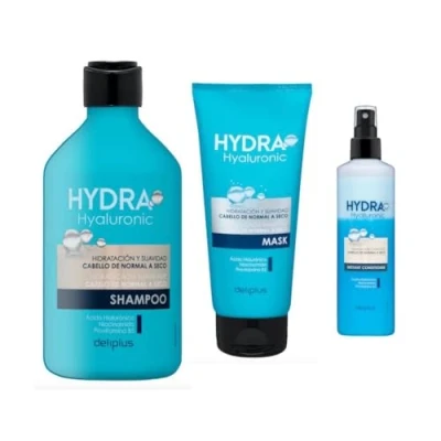 Image de Pack 3 Shampooing 400 ml, masque Acond 200 Inst 250 ml. Hydra Hyaluronic cheveux normaux à secs avec acide hyaluronique, niacinamide et provitamine B5. Deliplus