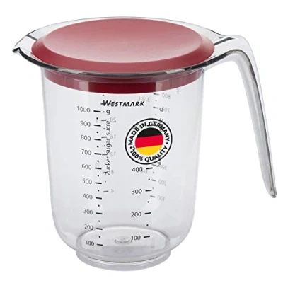 Image de Westmark Cruche à Mesurer, avec Couvercle, Graduations multilingues et diverses unités de mesure, volume remplissage : 1 l, plastique, transparent/rouge, 30662270