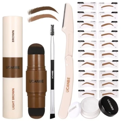 Image de UCANBE Kit de Tampons et Gabarits à Sourcils 25 Pièces : Pommade Bicolore, 20 Réutilisables, Poudre Finition, Pinceau, Rasoir Sourcils, Pochette Fermeture Éclair (02)
