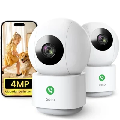 Image de AOSU 4MP 2 Unité Caméra Surveillance WiFi Intérieure, Appels à Une Touche, Suivi de Mouvement 360, Détection Humaine AI, Compatible avec Alexa pour Bébé/âgées/Animaux