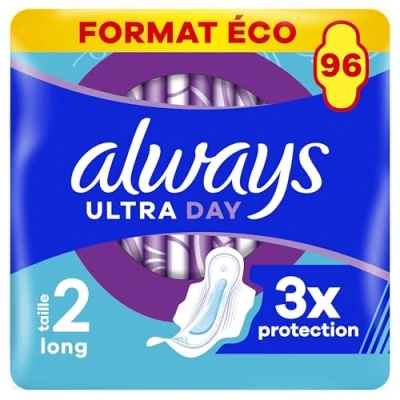 Image de Always Ultra Serviettes Hygiéniques, Taille 2, Long, 96 Avec Ailettes, Flux Modérés Jour, Format Eco, Max Confort, Super Absorbantes et Fines
