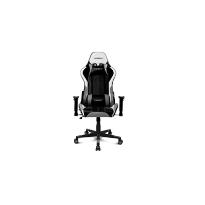 Image de Drift Gaming DR175GRAY Chaise de jeu professionnelle, similicuir, accoudoirs réglables 2D, piston classe 4, pivotant, mécanisme papillon, coussin lombaire et cervical, noir/blanc/gris