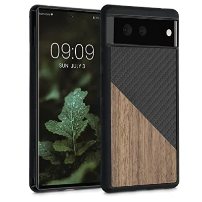 Image de kwmobile Coque Compatible avec Google Pixel 6 Housse en Bois et Fibre Carbone Brun foncé Noir