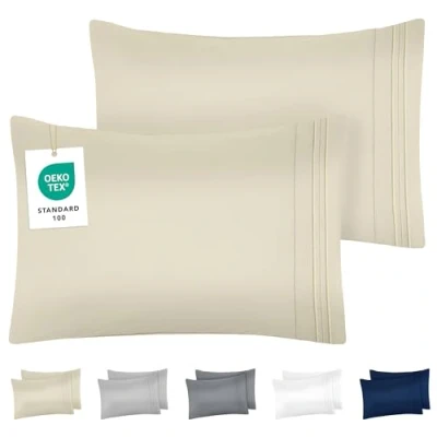 Image de Dreamzie Taie Oreiller 40x60 Lot de 2 en Microfibre Brossée Certifiée Oeko Tex Housse Coussin Douce avec Motifs Brodés Beige