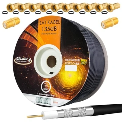 Image de HB DIGITAL 50m 135dB Câble coaxial SAT en cuivre pur PRO d&#039;antenne 5 fois blindé pour les systèmes DVB S / S2 C ET T BK + 10x connecteurs F plaqués or 2X Gratuit