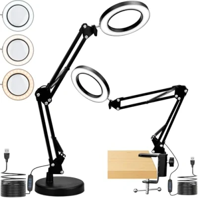 Image de ALFFREUDE Lampe Loupe de Bureau avec 10X et LED Pince métallique Bras pivotant, 3 Modes Couleur 10 Gradateurs Luminosité, Eclairante pour Artisanat Réparation