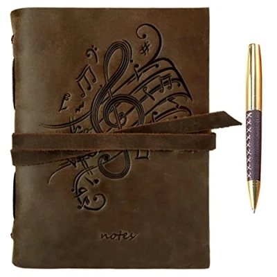 Image de Journal En Cuir Avec Notes De Musique Relief, Fait À La Main, Format A5, Pour Homme, Femme, 15,2 X 20,3 Cm Thème Musical Véritable + Stylo, Papier Uni