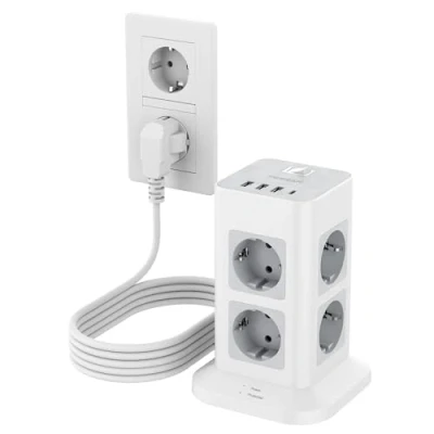 Image de TESSAN 8 Prises Multiprise USB C, Prise Multiple avec Rallonge Electrique 5M, Parafoudre Interrupteur, Tour 3 A et 1 3600W Bloc pour Le Bureau