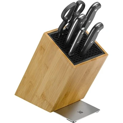 Image de WMF Spitzenklasse Plus Asia Jeu de 6 pièces, 4 couteaux avec lame en acier trempé entièrement forgé et ciseaux multifonctions support FlexTec bambou