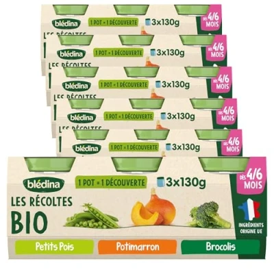 Image de Blédina Les Récoltes BIO Petits Pots pour bébé Carottes, Haricots Verts, Patate Douce Recette et simple de 4 à 6 mois 18 130g