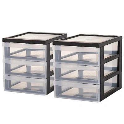 Image de Iris Ohyama, Tour de Rangement Plastique, 3 Petits Tiroirs, Lot 2, Noir, Ouverture Facile, Format A5, Meuble, Organisateur, pour Bureau, Fourniture Scolaire, Papeterie, Sans BPA, DC A5