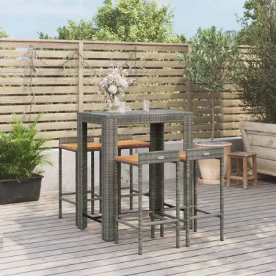 Image de vidaXL ensemble de bar jardin 5 pcs gris poly rotin/bois massif acacia, table bar, et chaise 3187713