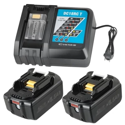 Image de Lot de 2 batteries rechange 18 V 5,5 Ah pour Makita + chargeur DC18RC avec rapide 3 A BL1860B, BL1850, BL1840B, BL1830B, LXT400, 194205 3, 194309 1