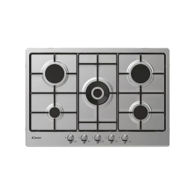 Image de Candy CHW74WTX Plateau de cuisson 5 feux, à gaz, acier inoxydable, largeur 74,5 cm, double couronne, encastré, grilles émaillées, GPL et méthane, x 51 3,5 inox