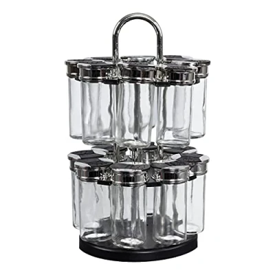 Image de S&amp;D Saveur et Dégustation KB5669 Carrousel à épices Distributeur rond rotatif 16 pots 2 étages Noir gris transparent Plastique verre Couvercles double clapets D19 x H31,5 cm
