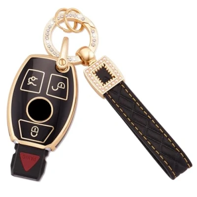 Image de Koaudb Coque pour porte clés Mercedes, 3 boutons en TPU souple avec lanière cuir Mercedes Benz A B C E G R S M Classe AMG Smart Key Fob Case Noir Or (BP Bz 3R)