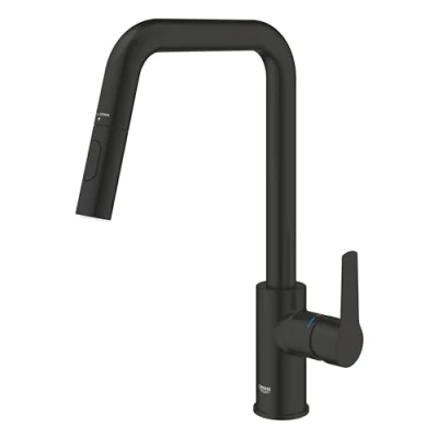 Image de GROHE Start Mitigeur Monocommande Evier, Cuisine, Bec Haut, Douchette Extractible, Inverseur 2 jets (Laminaire/Pluie), Rotation 360, Installation Facile, Noir Mat, 306312430