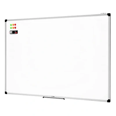 Image de Amazon Basics Tableau blanc magnétique avec cadre en aluminium et porte marqueurs Effaçable à sec, 120 cm x 90