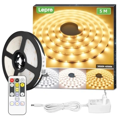 Image de Lepro Ruban LED 5m, Bande Lumière Blanche Tunable Dimmable, Bandeau Autocollant 300 LEDs SMD 2835 avec Télécommande, Kit de Lumineuse pour Meuble, Escalier, Chambre
