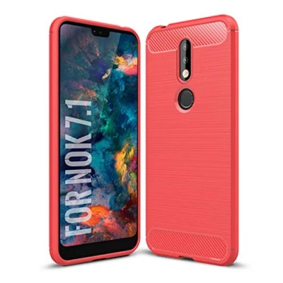 Image de SCL Coque pour Nokia 7.1 Coque, Texture en Fibre de Carbone Brossée, Technologie Anti Rayures et D&#039;absorption Chocs Rouge