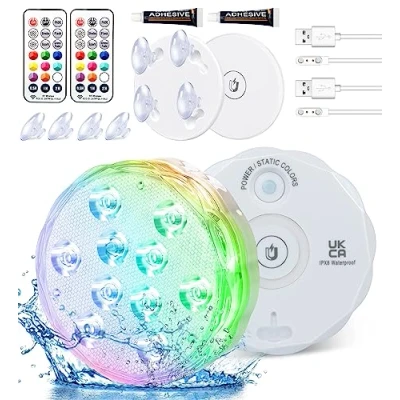 Image de Qoolife Rechargeable Lumière LED Submersible, IP68 Aimant Lampes Sous Marines, RGBW Changement Contrôlé par Télécommande Lumiere Piscine pour Aquarium, Base de Vase, Étang, Sol Piscine(2 Paquet)