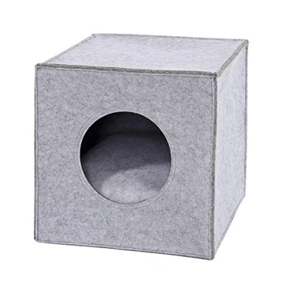 Image de lionto Caverne pour Chats en Feutre Robuste adaptée aux systèmes de rayonnage, 33x37x33 cm, lit Pliable Forme Cube, Niche avec Coussin Confortable, Gris Clair