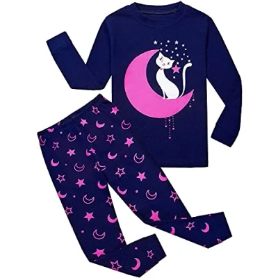Image de Tkiames Petit Filles Girafe Ensemble 2 Pièces Bien serré Coupe étroite Pyjama 100% Coton (Taille 1 10 Ans),Moon Cat,5 6 ans