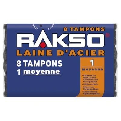 Image de RAKSO Laine d&#039;acier moyenne 1 8 pads, lisse le bois, enlève vieux vernis des meubles anciens, nettoie les sols en caoutchouc dur