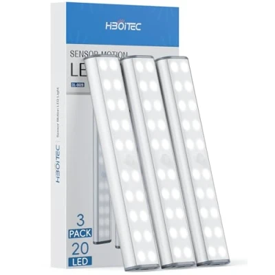 Image de HIBOITEC Lot de 3 Lampes Reglette Led Cuisine Sous Meuble 20Led, Rechargeable USB Sans Fil Lampe d&#039;Armoire à Détecteur Mouvement,Lampe Placard Adaptée Veilleuse Escalier Couloir(blanc froid)