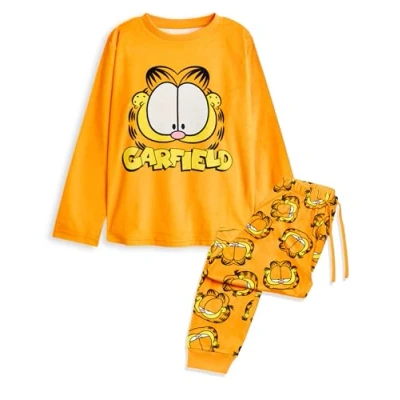 Image de Garfield Ensemble Pyjama Femme Adultes Lazy Cat Graphic Haut à Manches Longues et Bas de Jambe Longue en Orange Personnage Chat Dessin animé pour Dames