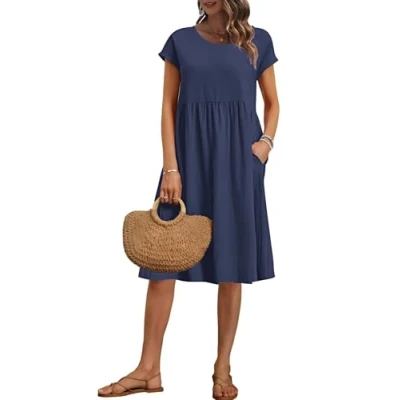 Image de AUSELILY Robe Femme d&#039;été Droite Mi Longue à Manches Courtes Robes aux Genoux Ample Décontractée Style Empire avec Poches