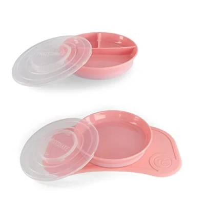 Image de Twistshake Set De Vaisselle Bébé Mini + Assiette Divisée Ventouse Table (31x17cm) Sans BPA D&#039;apprentissage L&#039;alimentation Rose