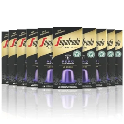 Image de Segafredo Zanetti Lot de 100 capsules en aluminium compatibles avec Nespresso café 100% Pérou riche et velouté (10 étuis 10 capsules) Convient pour les machines Original
