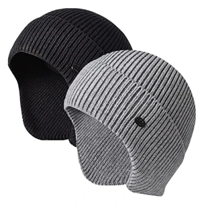 Image de Bonnet d&#039;hiver pour homme en tricot extensible avec cache oreilles coupe vent, noir/gris, Taille unique