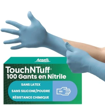 Image de Ansell TouchNTuff 92 670 Gants Jetables en Nitrile, Non Poudrés, Haute Protection Chimique et Mécanique, Contact Alimentaire, Sécurité Industrielle, Sans Latex, Bleu, Taille M (100 Gants)