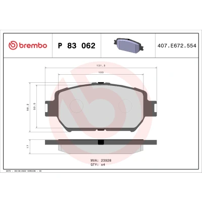 Image de BREMBO P 83 062 Jeu de plaquettes frein contact signal d&#039;usure exclu sans accessoires