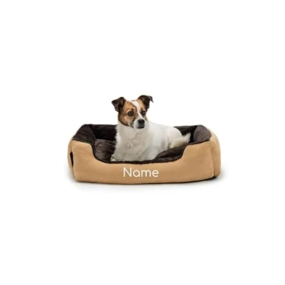 Image de lionto Lit pour Chien avec Coussin réversible et Base antidérapante, Douillet Animaux entrée Basse Chiens Chats de Tout âge, 60x48 cm, Marron/Beige (avec nom imprimé)